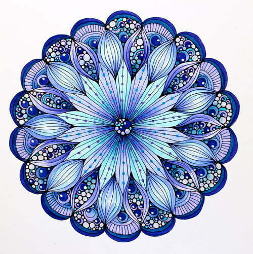 © Marie Browning, CZT. Design from Valentina Harper’s "Creative Coloring Mandalas". Colored with the Dual Brush Markers, and accented with Gel Pens.