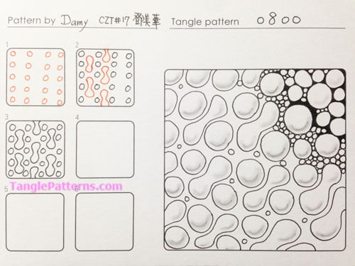 How to draw the Zentangle pattern 0800, tangle and deconstruction by Damy Teng. Image copyright the artist and used with permission, ALL RIGHTS RESERVED.