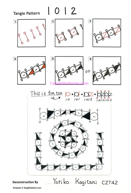 How to draw the Zentangle pattern 1012, tangle and deconstruction by Yuriko Kagitani. Image copyright the artist and used with permission, ALL RIGHTS RESERVED.