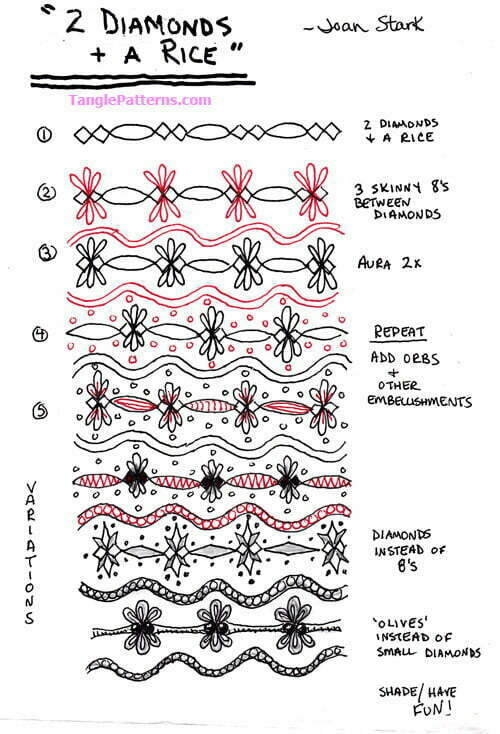 How to draw the Zentangle pattern Two Diamonds + a Rice, tangle and deconstruction by Joan Stark. Image copyright the artist and used with permission, ALL RIGHTS RESERVED.