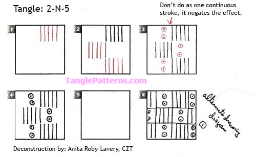 How to draw the Zentangle pattern 2-N-5, tangle and deconstruction by Anita Roby-Lavery. Image copyright the artist and used with permission, ALL RIGHTS RESERVED.