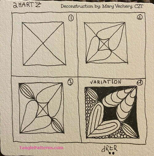 How to draw the Zentangle pattern 2Hartz, tangle and deconstruction by Mary Vechery. Image copyright the artist and used with permission, ALL RIGHTS RESERVED.