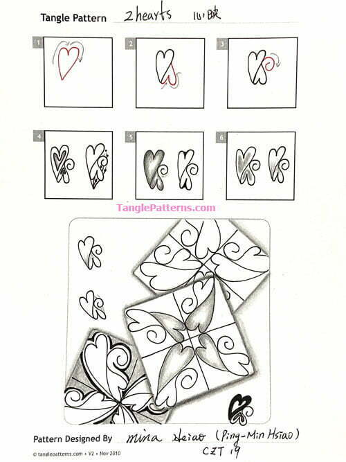 How to draw the Zentangle pattern 2Hearts, tangle and deconstruction by Mina Hsiao. Image copyright the artist and used with permission, ALL RIGHTS RESERVED.