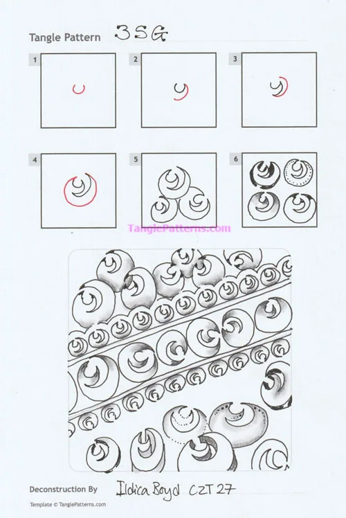 How to draw the Zentangle pattern 3SG, tangle and deconstruction by Ildica Boyd. Image copyright the artist and used with permission, ALL RIGHTS RESERVED.