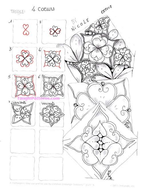 How to draw the Zentangle pattern 4 Coeurs, tangle and deconstruction by Nicole Devylerre. Image copyright the artist and used with permission, ALL RIGHTS RESERVED. How to draw the Zentangle pattern 4 Coeurs, tangle and deconstruction by Nicole Devylerre. Image copyright the artist and used with permission, ALL RIGHTS RESERVED.