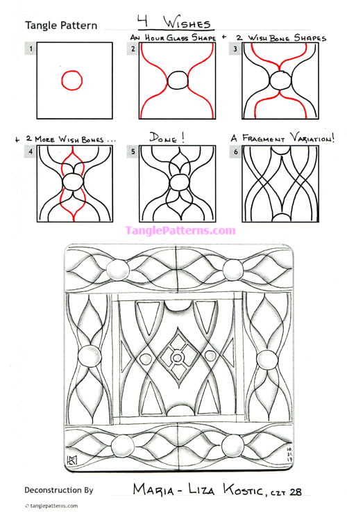 How to draw the Zentangle pattern 4 Wishes, tangle and deconstruction by Liza Kostic. Image copyright the artist and used with permission, ALL RIGHTS RESERVED.