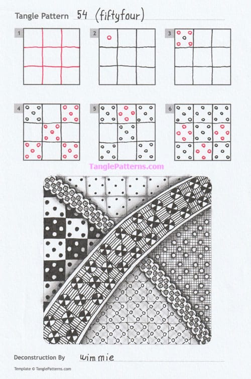 How to draw the Zentangle pattern 54, tangle and deconstruction by Wim Mie. Image copyright the artist and used with permission, ALL RIGHTS RESERVED.