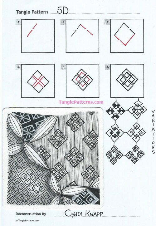 How to draw the Zentangle pattern 5D, tangle and deconstruction by Cyndi Knapp. Image copyright the artist and used with permission, ALL RIGHTS RESERVED.