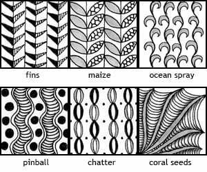 Zentangle patterns: Fins, Maize, Ocean Spray, Pinball, Chatter, Coral Seeds