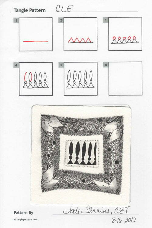 Steps for drawing Jodi Ferrini's tangle pattern, CLE