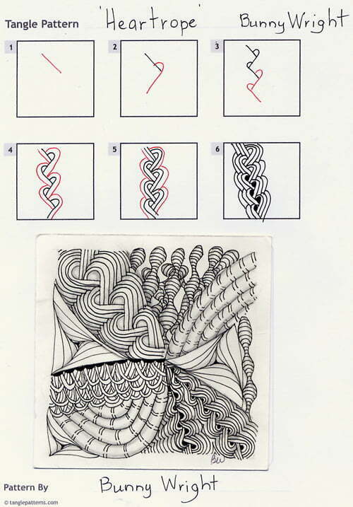 Bunny Wright's steps for drawing her Heartrope tangle