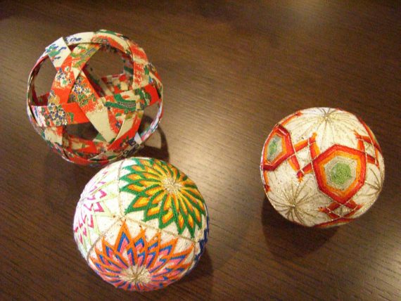 Three Temari balls with different decorations 