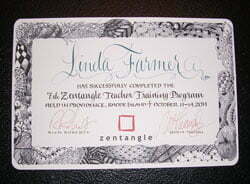 Linda Farmer CZT certificate, October 2011