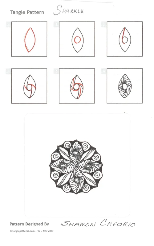 Steps for drawing CZT Sharon Caforio's SPARKLE tangle pattern