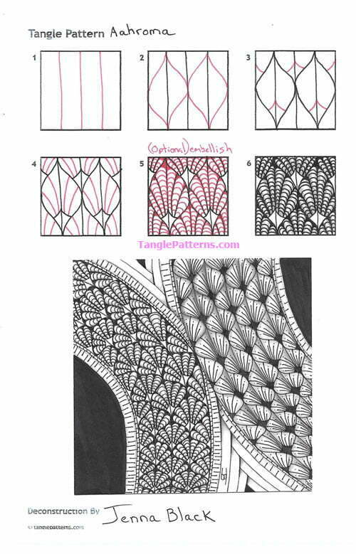 How to draw the Zentangle pattern Aahroma, tangle and deconstruction by Jenna Black. Image copyright the artist and used with permission, ALL RIGHTS RESERVED.