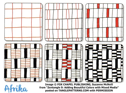 How to draw the Zentangle pattern Afrika, tangle and deconstruction by Suzanne McNeill. Image copyright the artist and used with permission, ALL RIGHTS RESERVED.