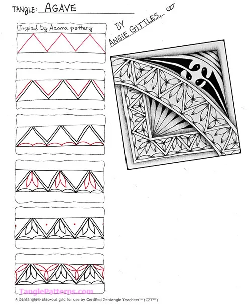 How to draw the Zentangle pattern Agave, tangle and deconstruction by Angie Gittles. Image copyright the artist and used with permission, ALL RIGHTS RESERVED.