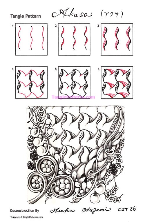 How to draw the Zentangle pattern Akusa, tangle and deconstruction by Asuka Odagami. Image copyright the artist and used with permission, ALL RIGHTS RESERVED.