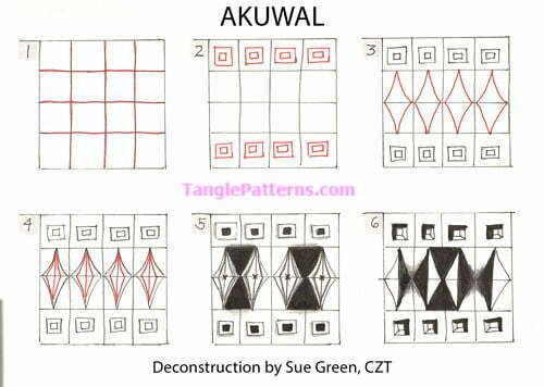 How to draw the Zentangle pattern Akuwal, tangle and deconstruction by Sue Green. Image copyright the artist and used with permission, ALL RIGHTS RESERVED.