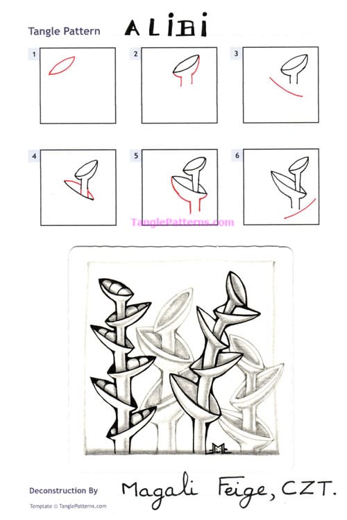How to draw the Zentangle pattern Alibi, tangle and deconstruction by Magali Feige. Image copyright the artist and used with permission, ALL RIGHTS RESERVED. How to draw the Zentangle pattern Alibi, tangle and deconstruction by Magali Feige. Image copyright the artist and used with permission, ALL RIGHTS RESERVED.