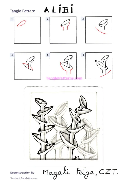 How to draw the Zentangle pattern Alibi, tangle and deconstruction by Magali Feige. Image copyright the artist and used with permission, ALL RIGHTS RESERVED.