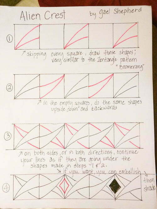 How to draw the Zentangle pattern ALIEN CREST, by Gael Shepherd
