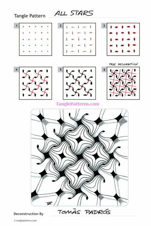 How to draw the tangle pattern All Stars, tangle and deconstruction by Tomàs Padrós.