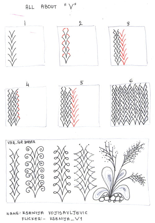 Steps for Ksenija Vojisavljevic's "All About V" tangle pattern