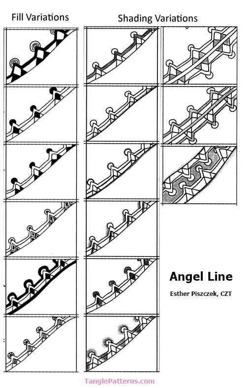 Zentangle pattern: Angel Line. Image copyright the artist, ALL RIGHTS RESERVED. Please feel free to refer to the step outs to recreate the tangles from this site in your Zentangles and ZIAs, or link back to any page. However the artists and TanglePatterns.com reserve all rights to these images and they should not be pinned, reproduced or republished. Thank you for respecting these rights.