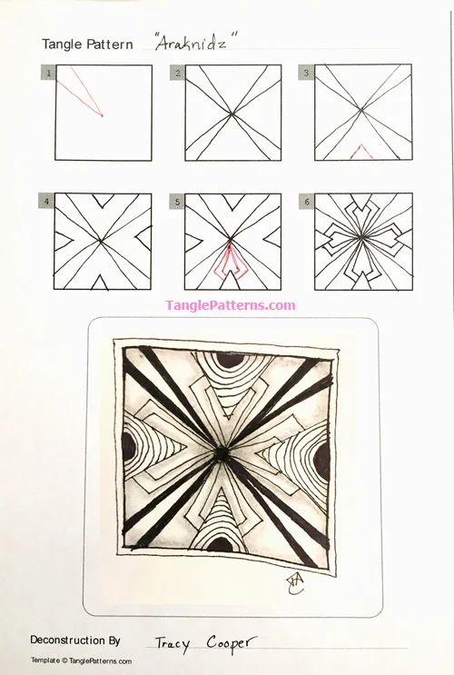 How to draw the Zentangle pattern Arakdnidz, tangle and deconstruction by Tracy Cooper. Image copyright the artist and used with permission, ALL RIGHTS RESERVED. How to draw the Zentangle pattern Arakdnidz, tangle and deconstruction by Tracy Cooper. Image copyright the artist and used with permission, ALL RIGHTS RESERVED.