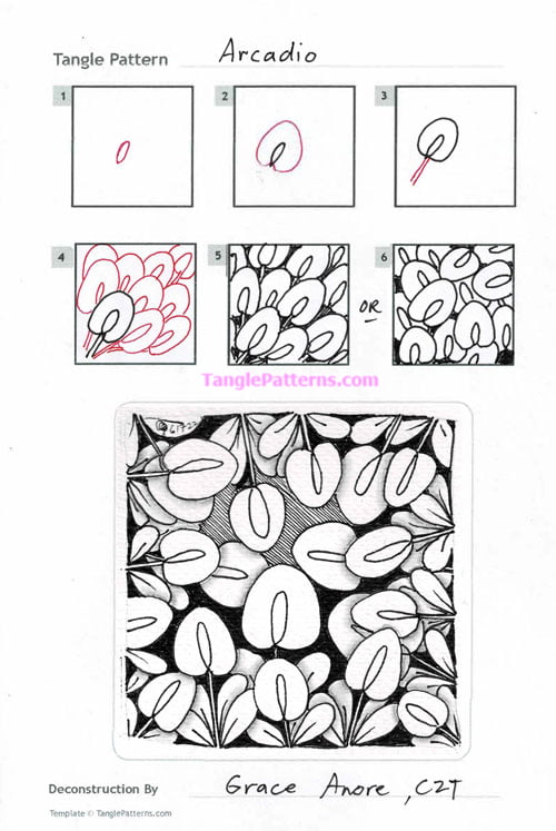 How to draw the Zentangle pattern Arcadio, tangle and deconstruction by Grace Anore. Image copyright the artist and used with permission, ALL RIGHTS RESERVED.