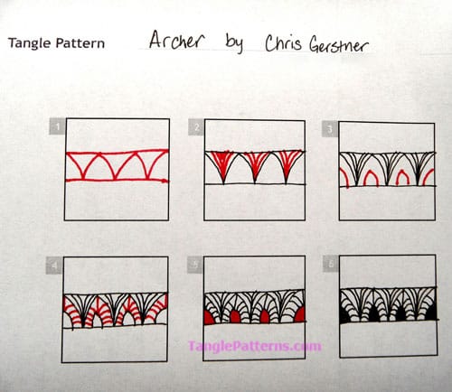 How to draw the Zentangle pattern Archer, tangle and deconstruction by Chris Gerstner. Image copyright the artist and used with permission, ALL RIGHTS RESERVED.