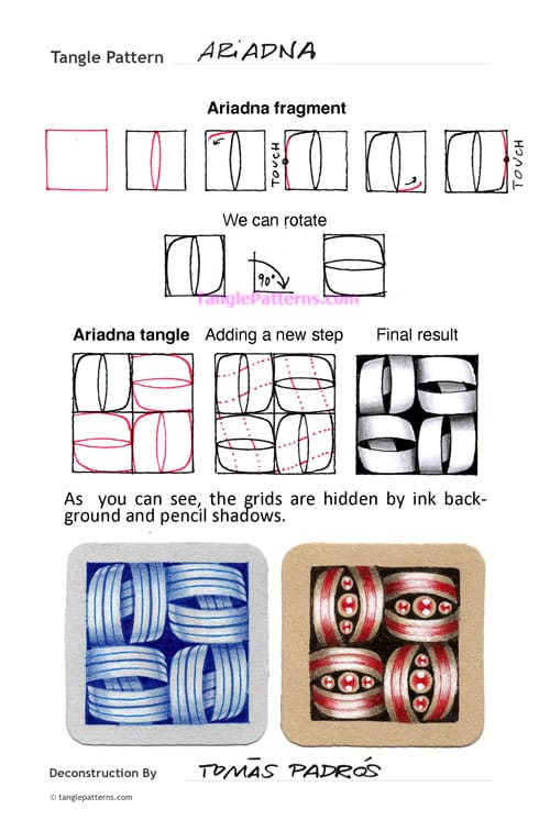 How to draw the Zentangle pattern Ariadna, tangle and deconstruction by Tomàs Padrós. Image copyright the artist and used with permission, ALL RIGHTS RESERVED. How to draw the Zentangle pattern Ariadna, tangle and deconstruction by Tomàs Padrós. Image copyright the artist and used with permission, ALL RIGHTS RESERVED.