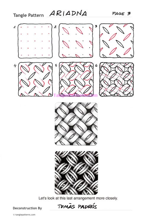How to draw the Zentangle pattern Ariadna, tangle and deconstruction by Tomàs Padrós. Image copyright the artist and used with permission, ALL RIGHTS RESERVED.