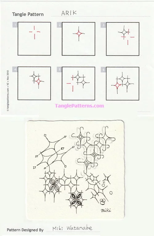 How to draw the Zentangle pattern Arik, tangle and deconstruction by Miki Watanbe. Image copyright the artist and used with permission, ALL RIGHTS RESERVED.