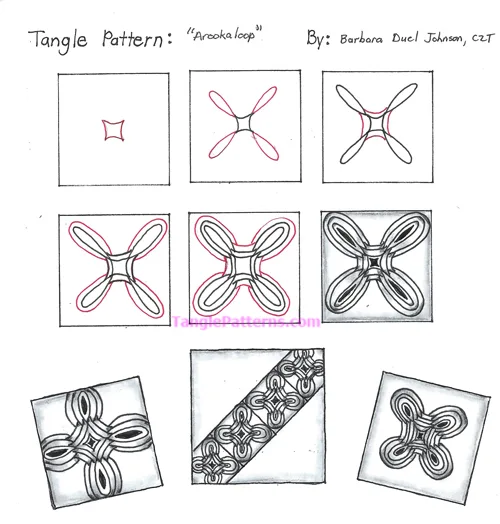 How to draw the Zentangle pattern Arookaloop, tangle and deconstruction by Barbara Duel Johnson. Image copyright the artist and used with permission, ALL RIGHTS RESERVED. How to draw the Zentangle pattern Arookaloop, tangle and deconstruction by Barbara Duel Johnson. Image copyright the artist and used with permission, ALL RIGHTS RESERVED.