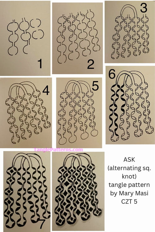 How to draw the Zentangle pattern Ask, tangle and deconstruction by Mary Masi. Image copyright the artist and used with permission, ALL RIGHTS RESERVED.