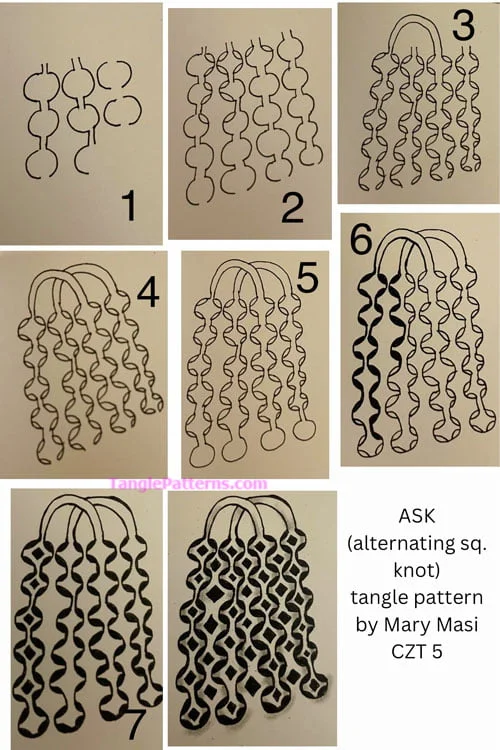 How to draw the Zentangle pattern Ask, tangle and deconstruction by Mary Masi. Image copyright the artist and used with permission, ALL RIGHTS RESERVED. How to draw the Zentangle pattern Ask, tangle and deconstruction by Mary Masi. Image copyright the artist and used with permission, ALL RIGHTS RESERVED.