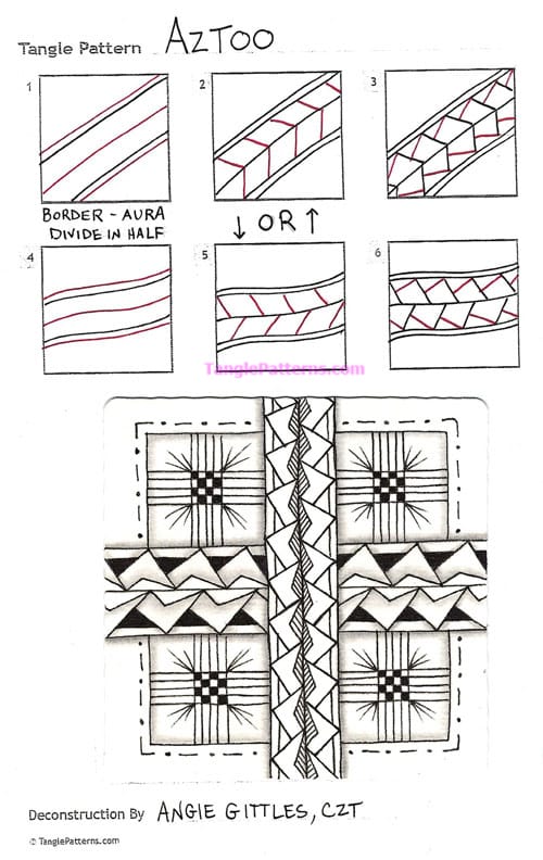 How to draw the Zentangle pattern Aztoo, tangle and deconstruction by Angie Gittles. Image copyright the artist and used with permission, ALL RIGHTS RESERVED.