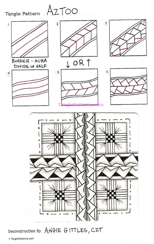 How to draw the Zentangle pattern Aztoo, tangle and deconstruction by Angie Gittles. Image copyright the artist and used with permission, ALL RIGHTS RESERVED.