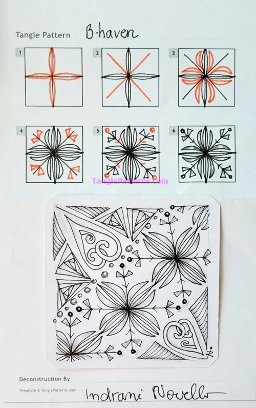 How to draw the Zentangle pattern B-haven, tangle and deconstruction by Indrani Novello. Image copyright the artist and used with permission, ALL RIGHTS RESERVED.