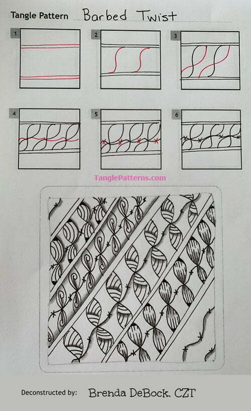 How to draw the Zentangle pattern Barbed Twist, tangle and deconstruction by Brenda DeBock. Image copyright the artist and used with permission, ALL RIGHTS RESERVED.