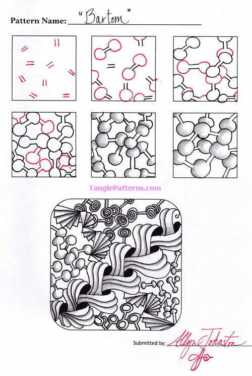 How to draw the Zentangle pattern Bartom, tangle and deconstruction by Allyn Johnson. Image copyright the artist and used with permission, ALL RIGHTS RESERVED.