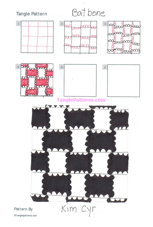 How to draw the Zentangle pattern Batbone, tangle and deconstruction by Kim Cyr. Image copyright the artist and used with permission, ALL RIGHTS RESERVED. How to draw the Zentangle pattern Batbone, tangle and deconstruction by Kim Cyr. Image copyright the artist and used with permission, ALL RIGHTS RESERVED.