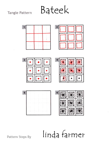 Steps for drawing the BATEEK Zentangle pattern