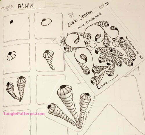How to draw the Zentangle pattern Binx, tangle and deconstruction by Carla Jooren. Image copyright the artist and used with permission, ALL RIGHTS RESERVED.