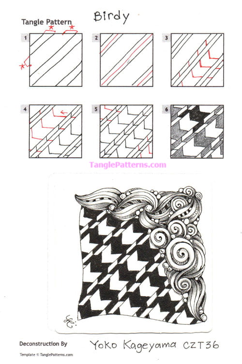 How to draw the Zentangle pattern Birdy, tangle and deconstruction by Yoko Kageyama. Image copyright the artist and used with permission, ALL RIGHTS RESERVED.