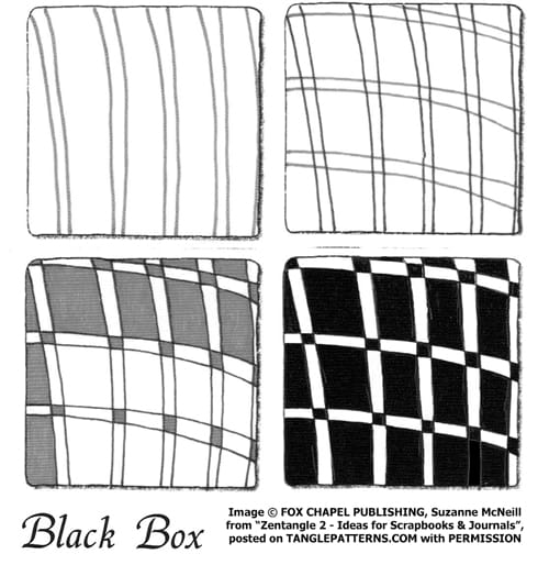 How to draw the Zentangle pattern Black Box tangle and deconstruction by Suzanne McNeill. Image copyright Suzanne McNeill and Fox Chapel Publishing and used with permission, ALL RIGHTS RESERVED. How to draw the Zentangle pattern Black Box tangle and deconstruction by Suzanne McNeill. Image copyright Suzanne McNeill and Fox Chapel Publishing and used with permission, ALL RIGHTS RESERVED.