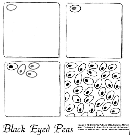 How to draw the Zentangle pattern Black Eyed Peas, tangle and deconstruction by Suzanne McNeill. Image copyright Suzanne McNeill and Fox Chapel Publishing and used with permission, ALL RIGHTS RESERVED. How to draw the Zentangle pattern Black Eyed Peas, tangle and deconstruction by Suzanne McNeill. Image copyright Suzanne McNeill and Fox Chapel Publishing and used with permission, ALL RIGHTS RESERVED.