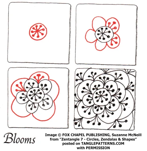 How to draw the Zentangle pattern Blooms, tangle and deconstruction by Suzanne McNeill. Image copyright Suzanne McNeill and Fox Chapel Publishing and used with permission, ALL RIGHTS RESERVED.